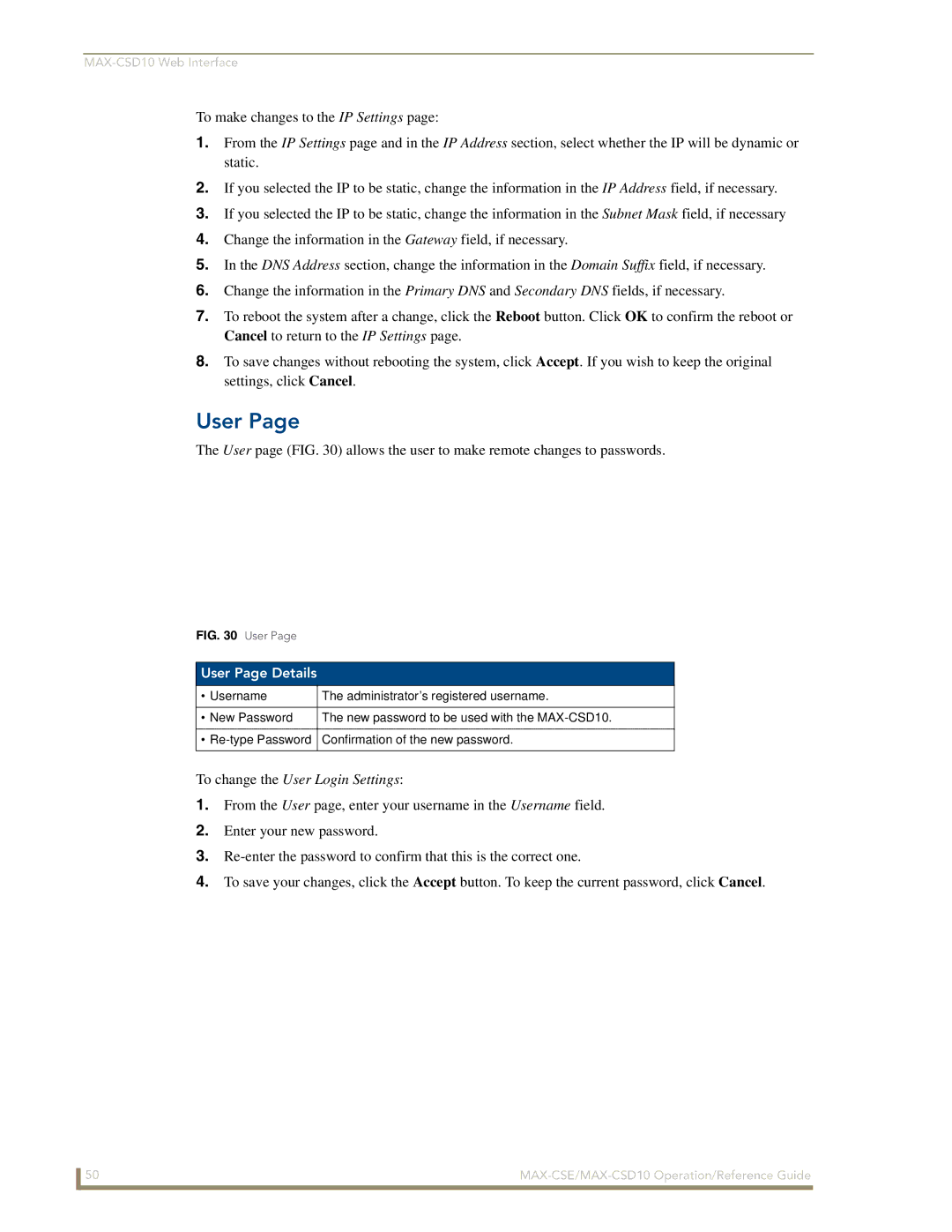 AMX MAX-CSE, MAX-CSD10 manual To change the User Login Settings, User Page Details 