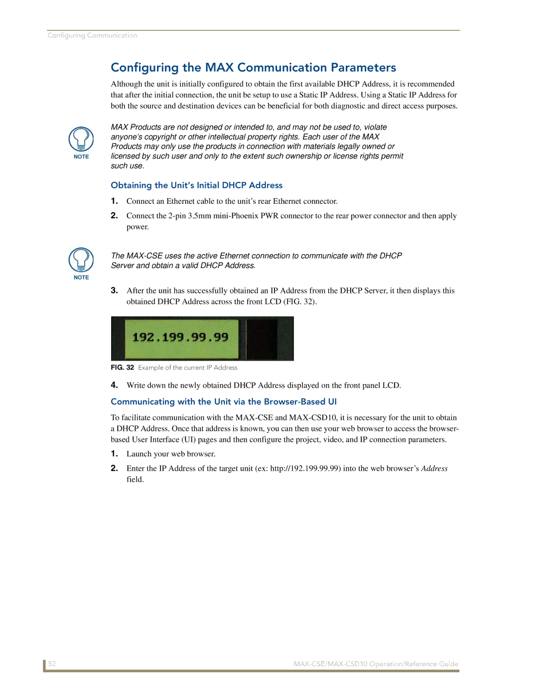 AMX MAX-CSE, MAX-CSD10 manual Configuring the MAX Communication Parameters, Obtaining the Unit’s Initial Dhcp Address 