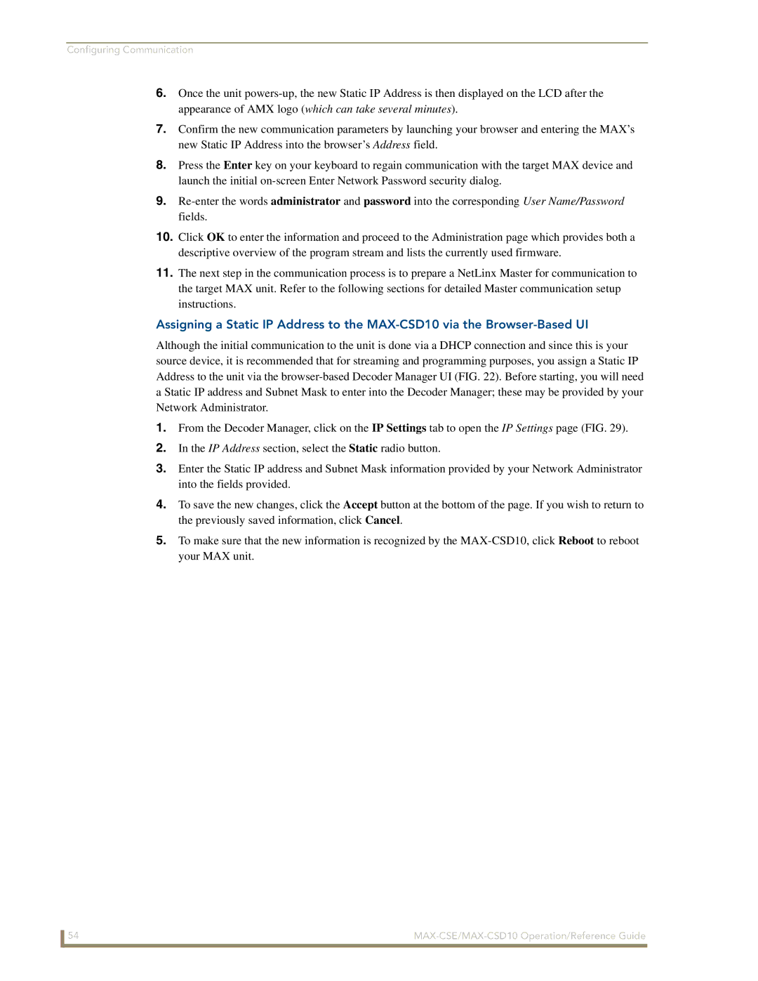 AMX MAX-CSE, MAX-CSD10 manual Configuring Communication 