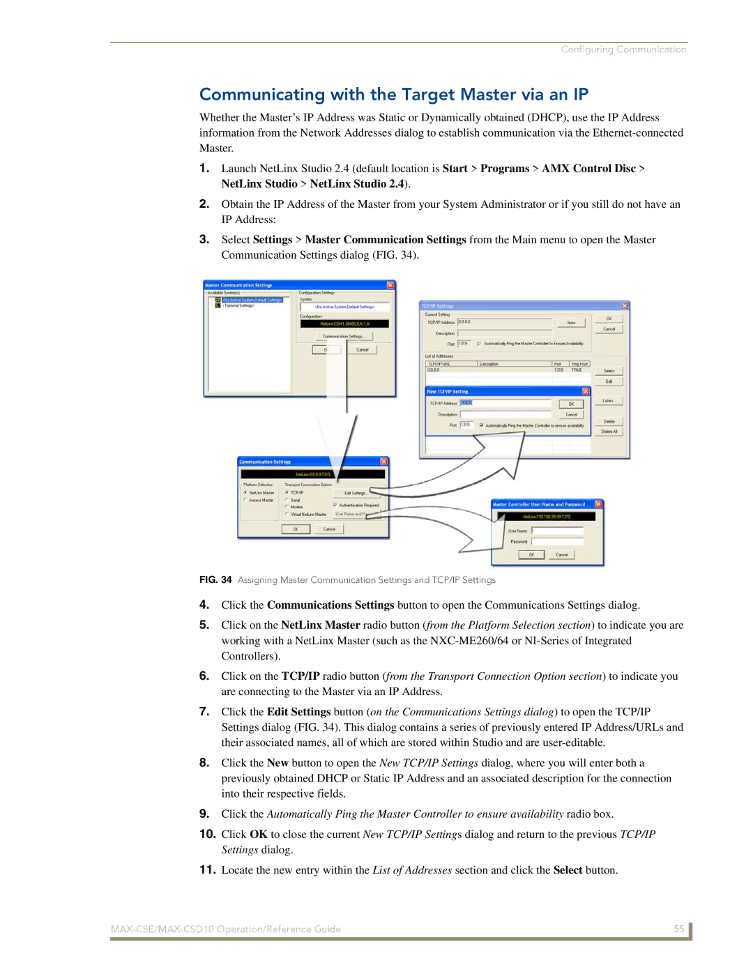 AMX MAX-CSD10, MAX-CSE manual Communicating with the Target Master via an IP, NetLinx Studio NetLinx Studio 