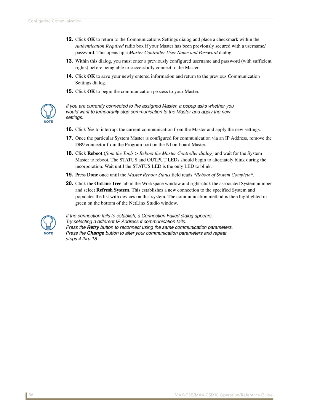 AMX MAX-CSE, MAX-CSD10 manual Configuring Communication 