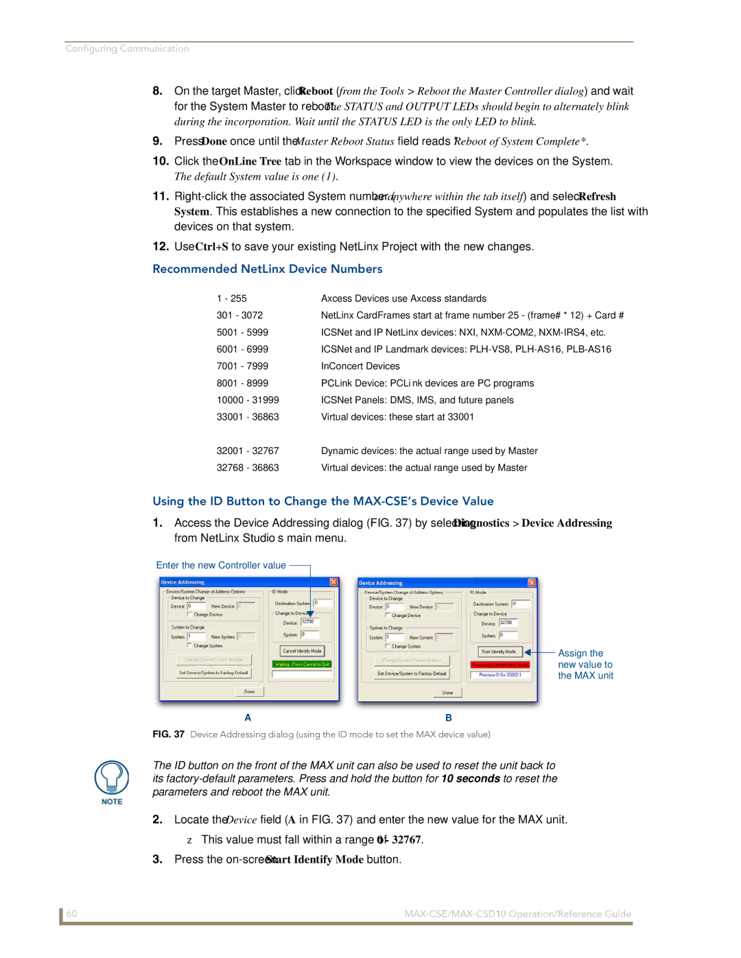 AMX MAX-CSD10 manual Recommended NetLinx Device Numbers, Using the ID Button to Change the MAX-CSE’s Device Value 