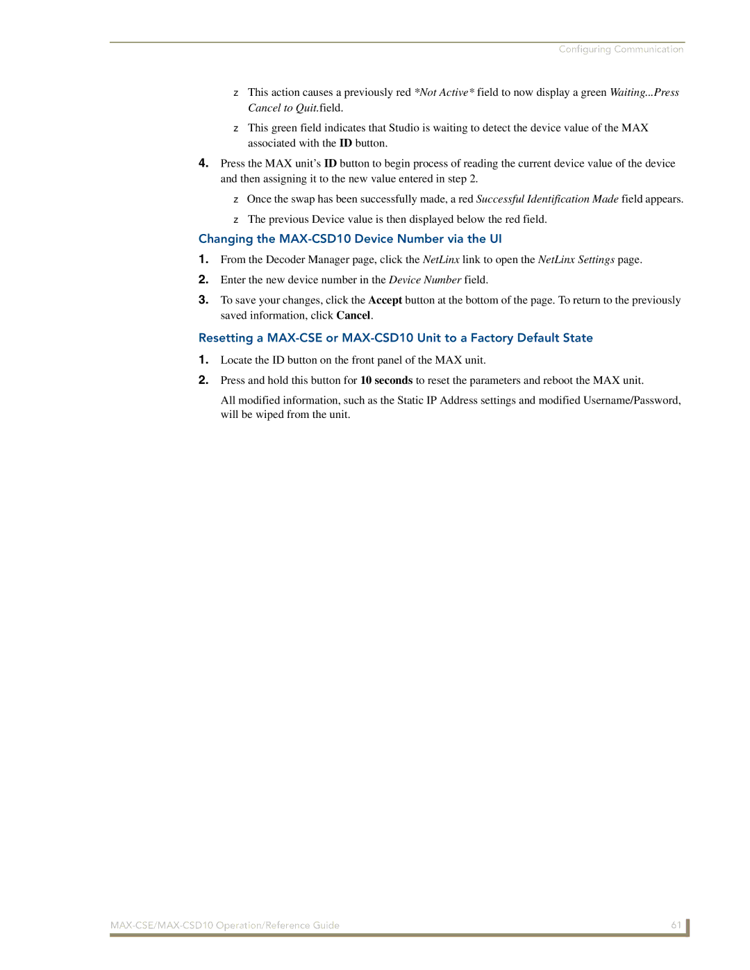 AMX MAX-CSE manual Changing the MAX-CSD10 Device Number via the UI 