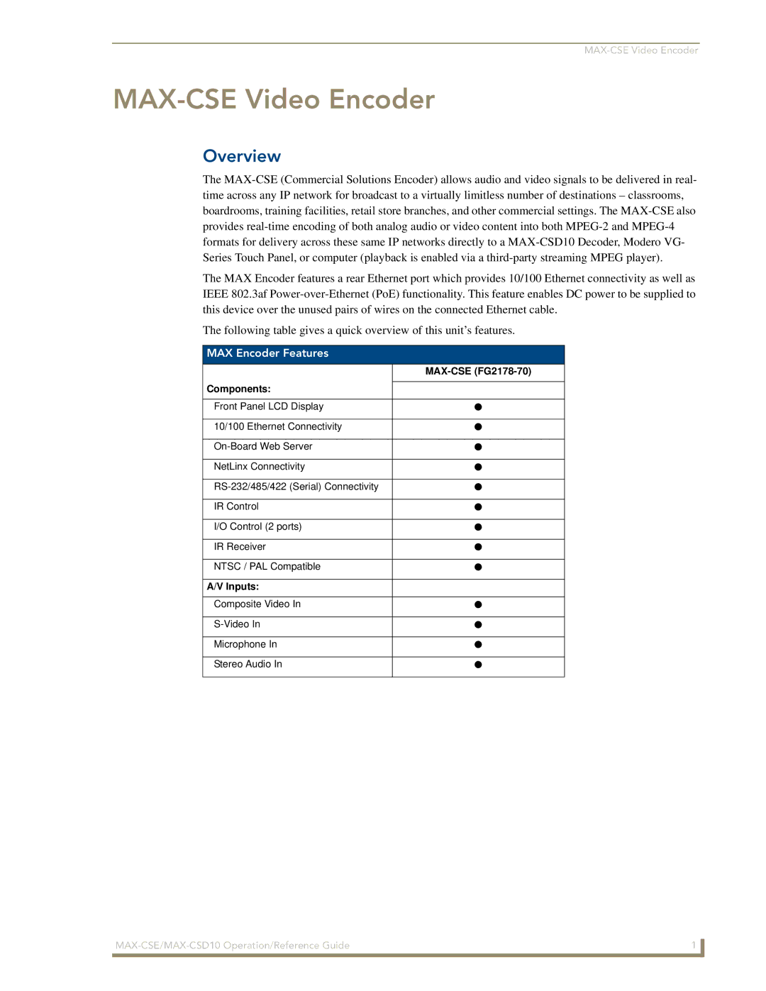 AMX MAX-CSD10 manual MAX-CSE Video Encoder, Overview, MAX Encoder Features 