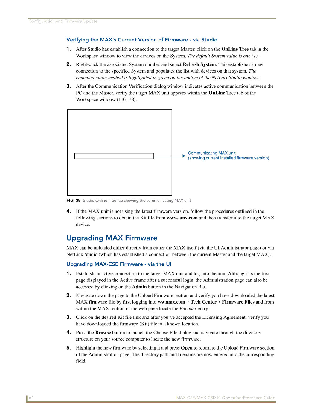 AMX MAX-CSE, MAX-CSD10 manual Upgrading MAX Firmware, Verifying the MAX’s Current Version of Firmware via Studio 