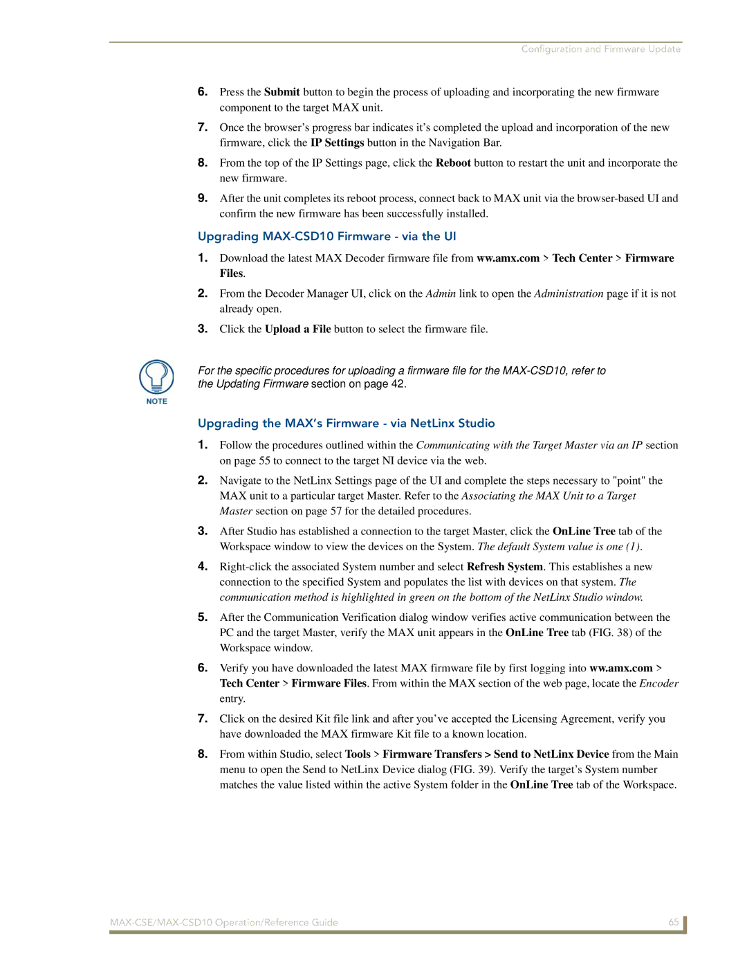 AMX MAX-CSE manual Upgrading MAX-CSD10 Firmware via the UI, Upgrading the MAX’s Firmware via NetLinx Studio 