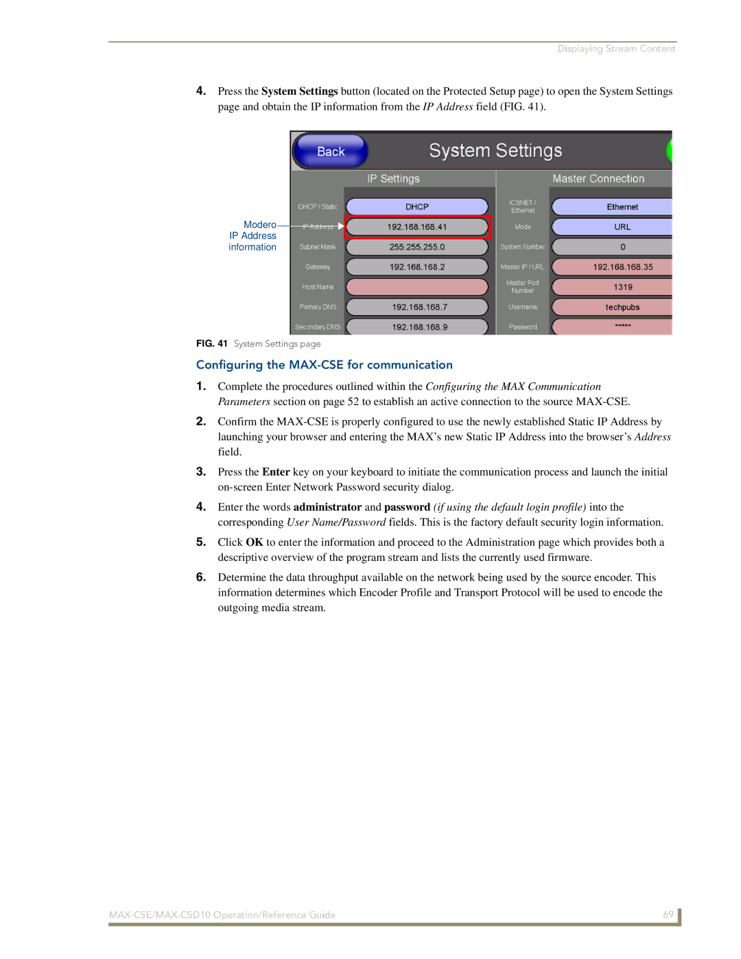 AMX MAX-CSD10 manual Configuring the MAX-CSE for communication, System Settings 