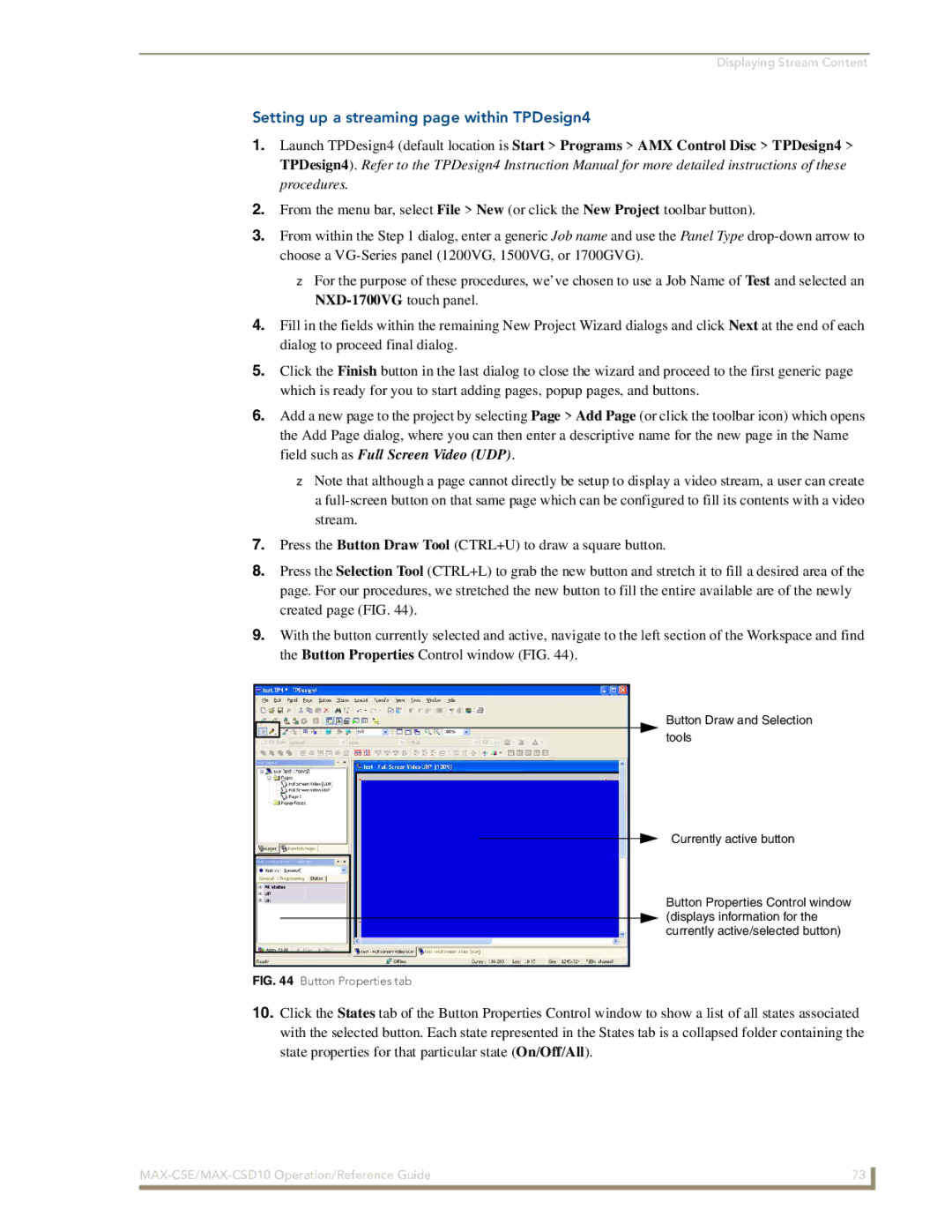 AMX MAX-CSD10, MAX-CSE manual Setting up a streaming page within TPDesign4, Button Properties tab 