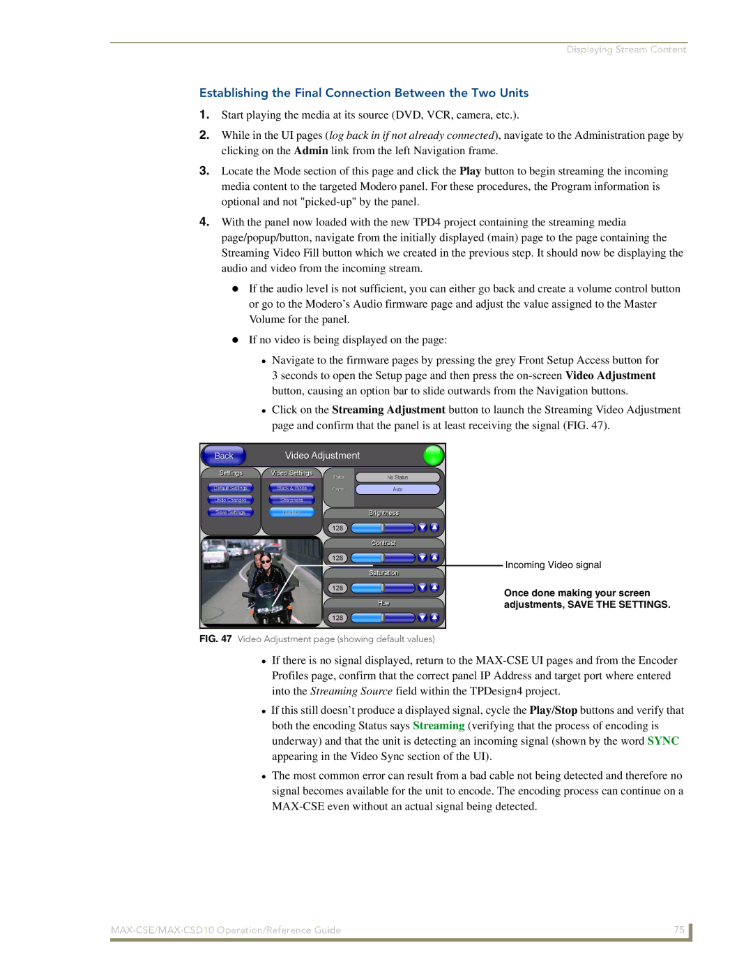 AMX MAX-CSD10 manual Establishing the Final Connection Between the Two Units, Video Adjustment page showing default values 