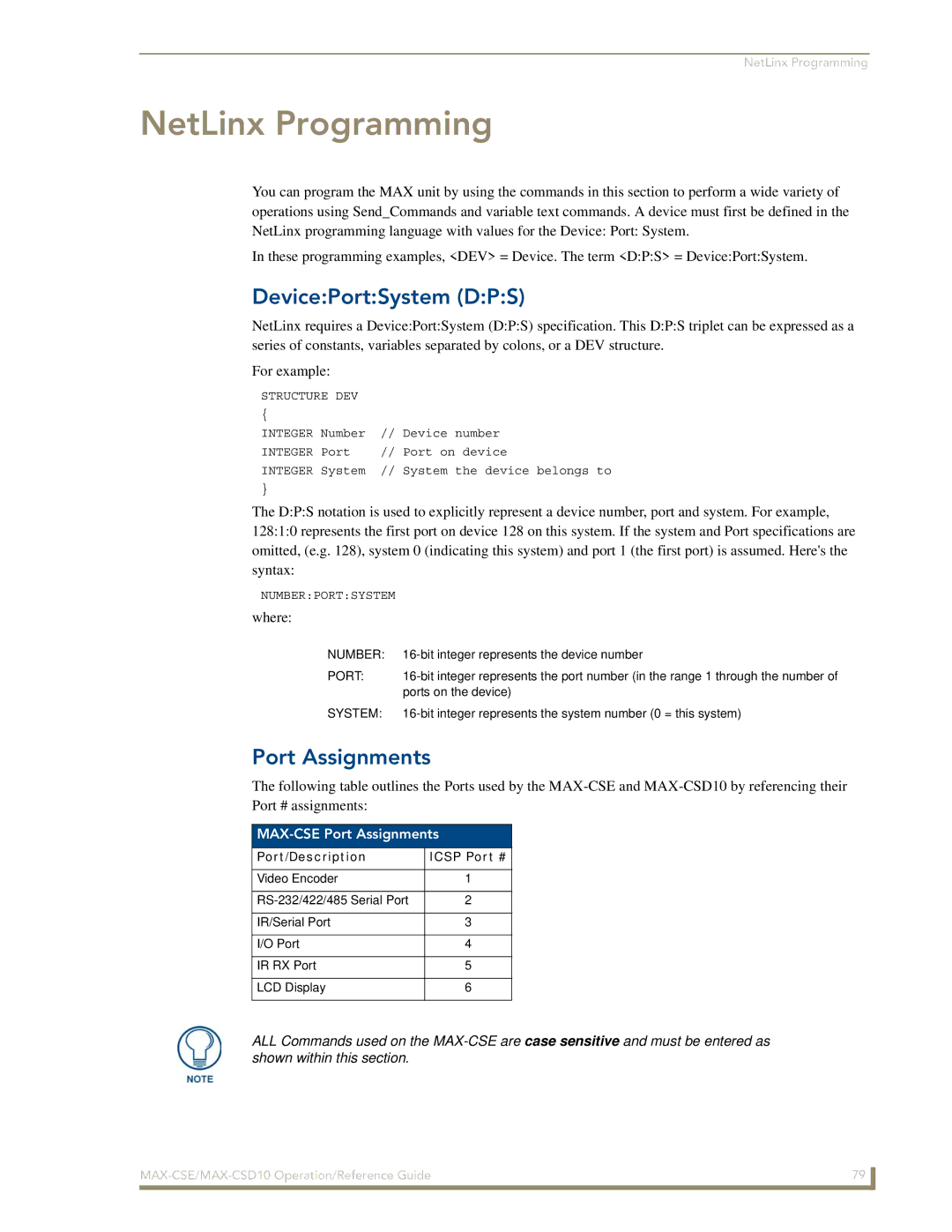 AMX MAX-CSD10, MAX-CSE manual NetLinx Programming, DevicePortSystem DPS, Port Assignments, Port/Description 