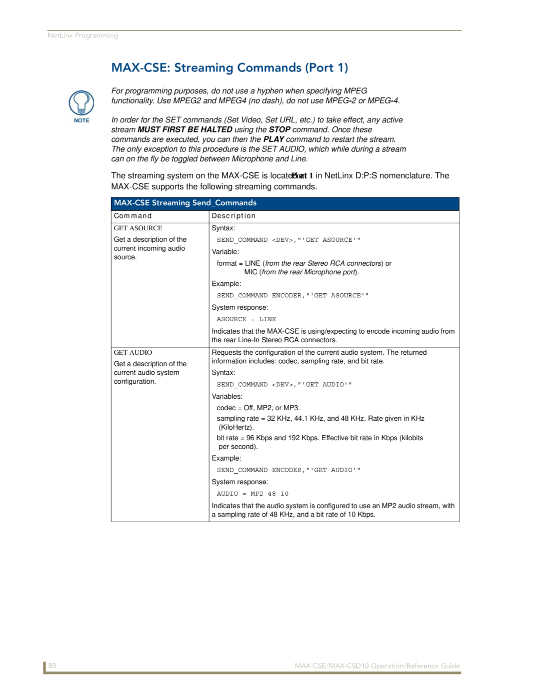 AMX manual MAX-CSE Streaming Commands Port, MAX-CSE Streaming SendCommands, Command Description, GET Asource, GET Audio 