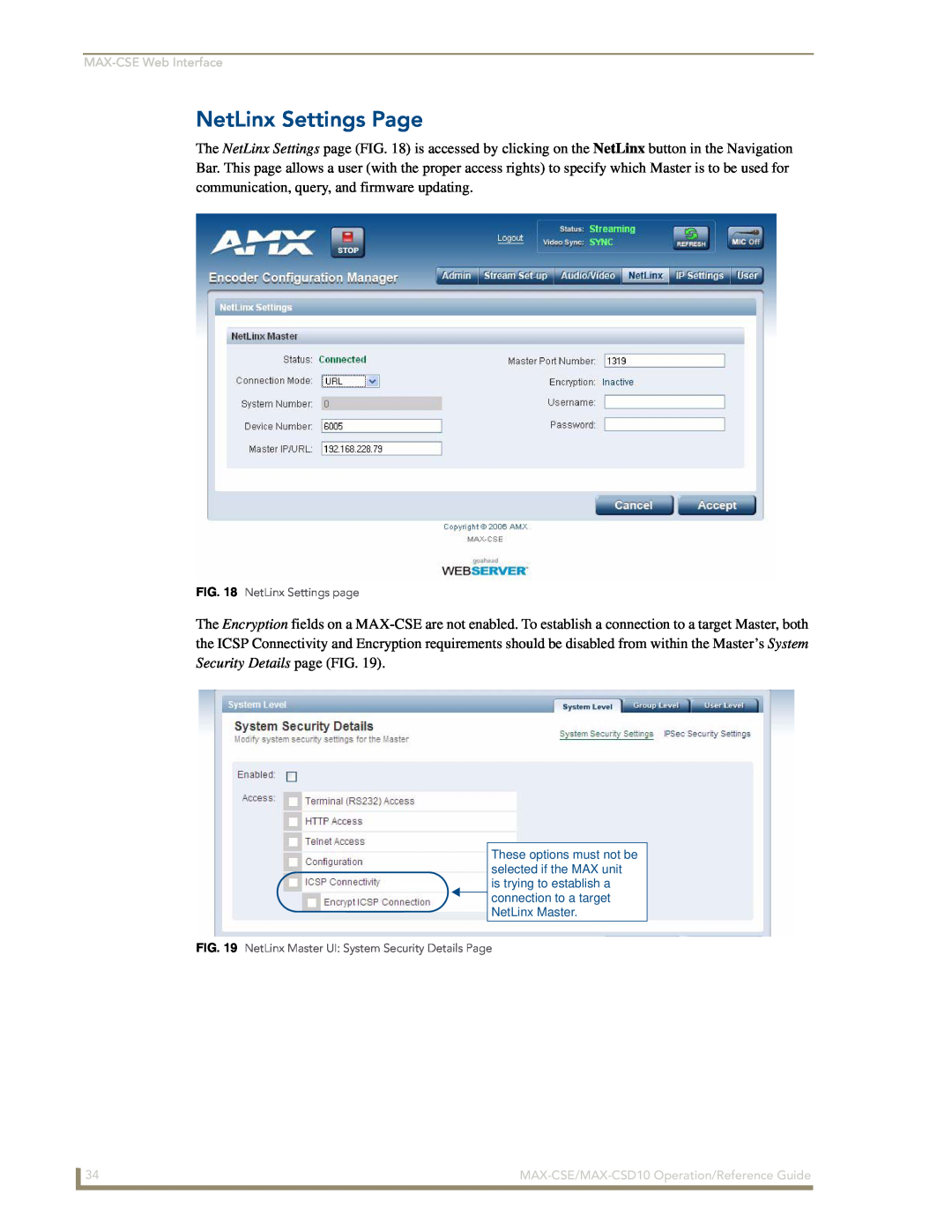 AMX manual NetLinx Settings Page, MAX-CSEWeb Interface, MAX-CSE/MAX-CSD10Operation/Reference Guide 
