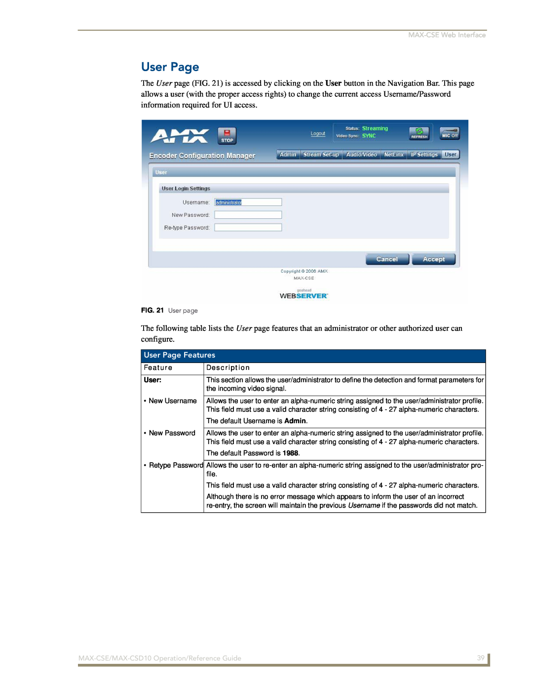 AMX MAX-CSD10, MAX-CSE manual User Page Features 