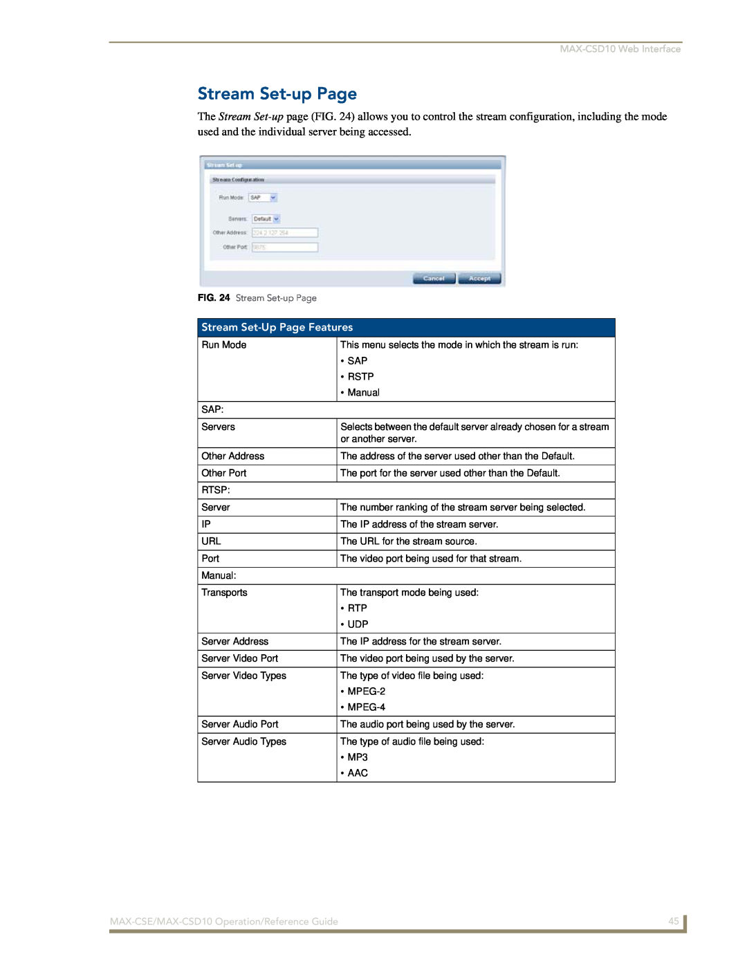 AMX Stream Set-upPage, Stream Set-UpPage Features, MAX-CSD10Web Interface, MAX-CSE/MAX-CSD10Operation/Reference Guide 