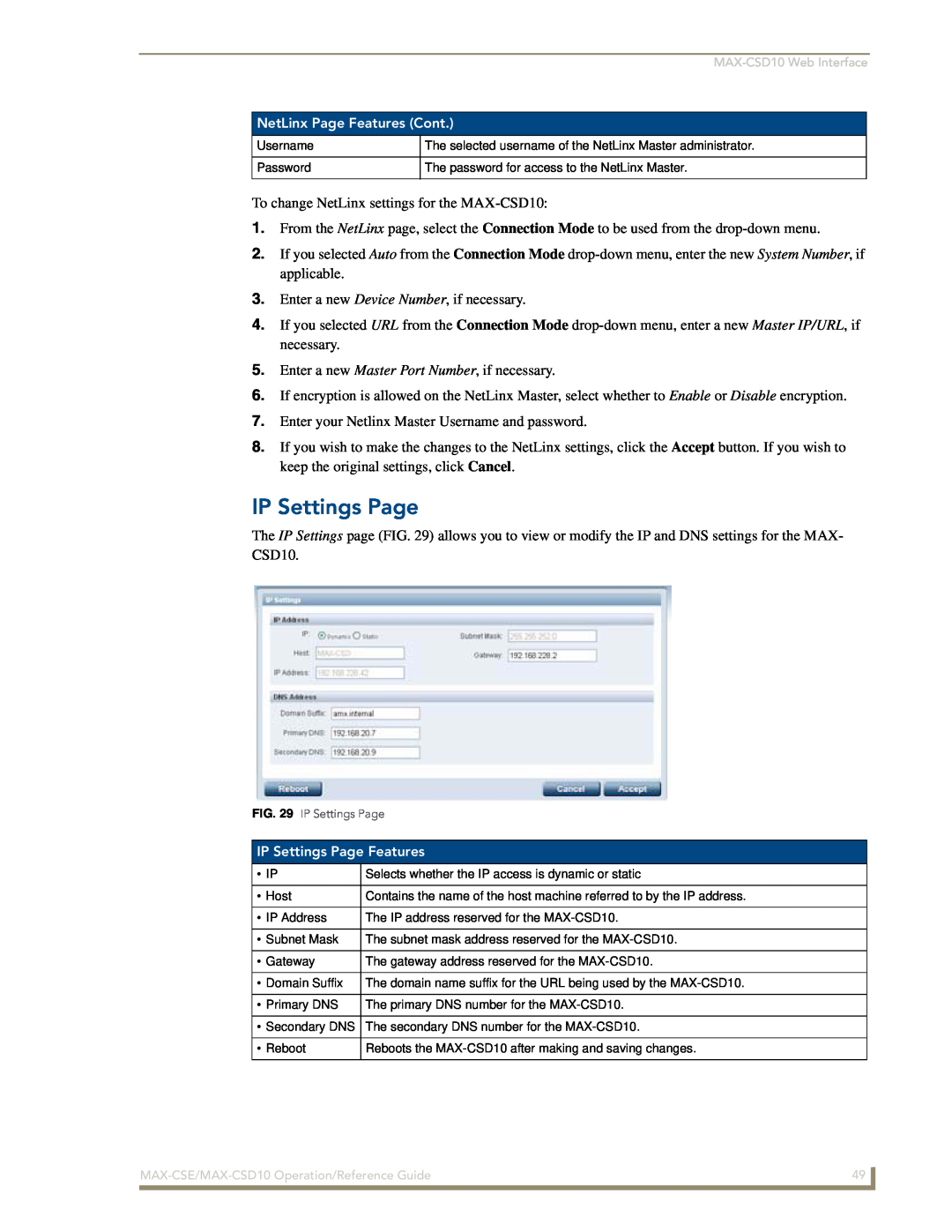 AMX MAX-CSE manual IP Settings Page, To change NetLinx settings for the MAX-CSD10 