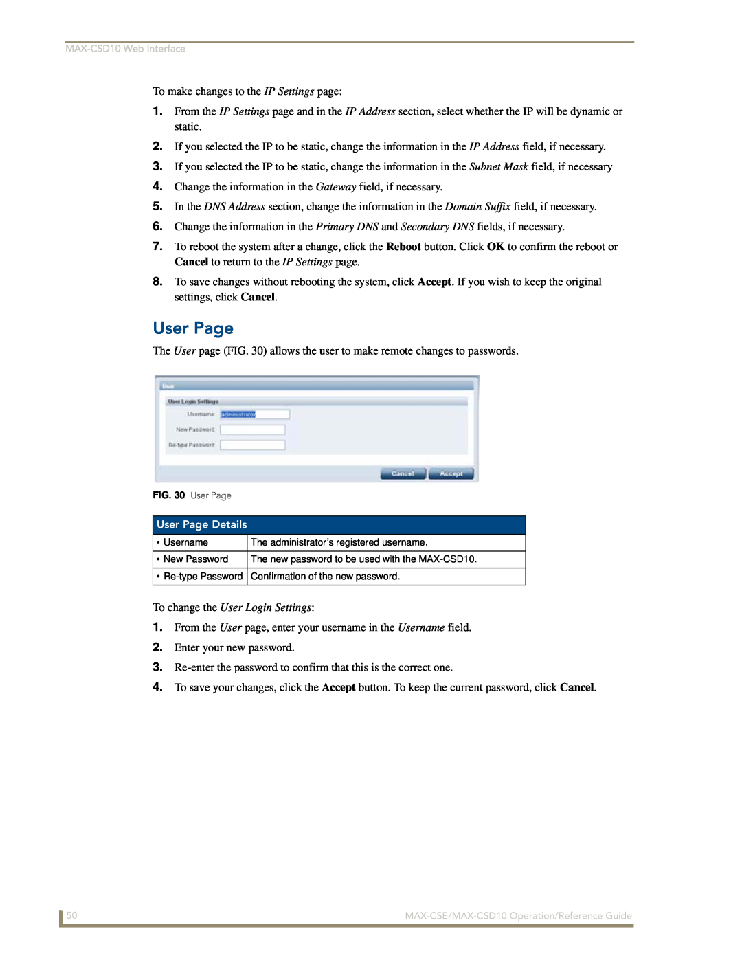AMX MAX-CSE, MAX-CSD10 manual User Page, To make changes to the IP Settings page 