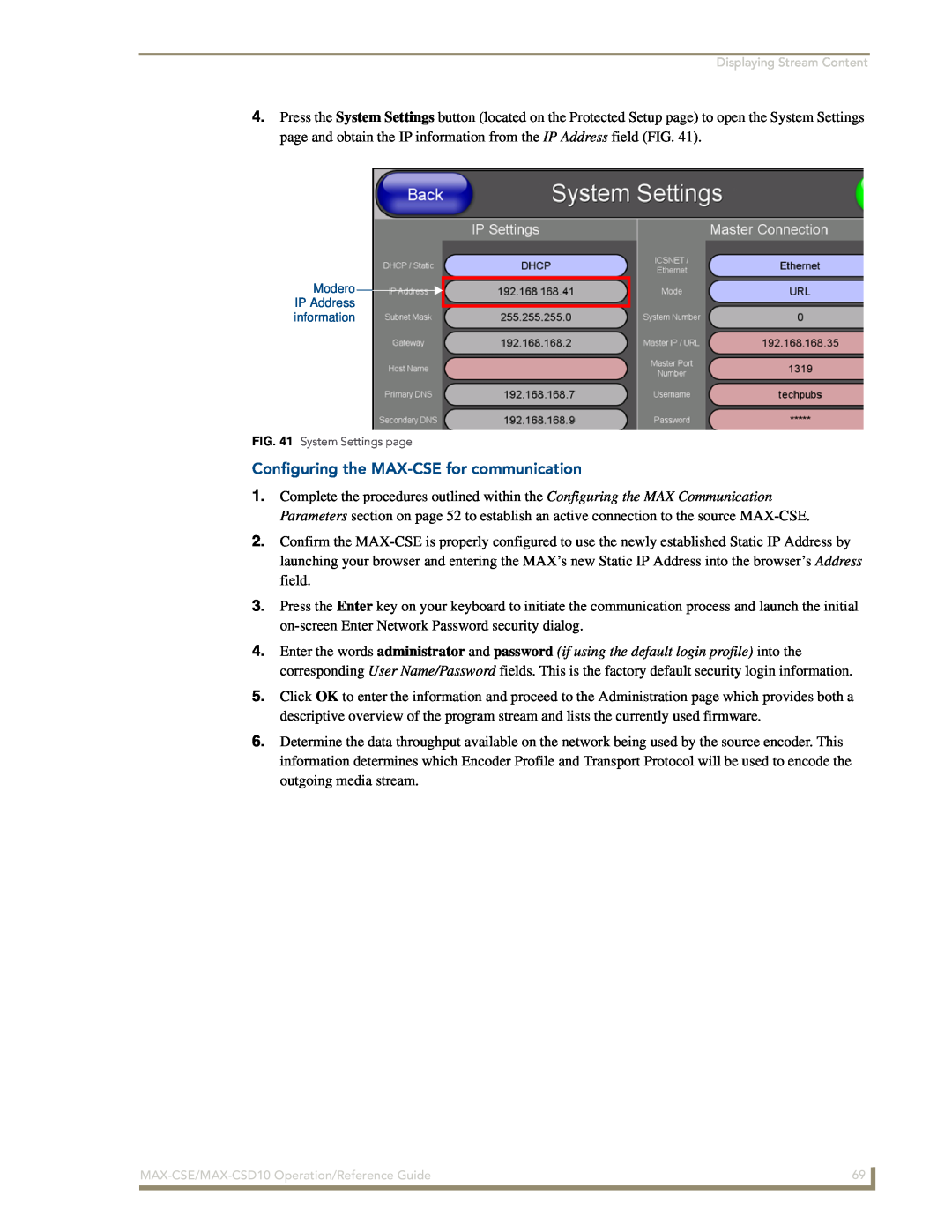 AMX MAX-CSD10 manual Configuring the MAX-CSEfor communication, Displaying Stream Content 