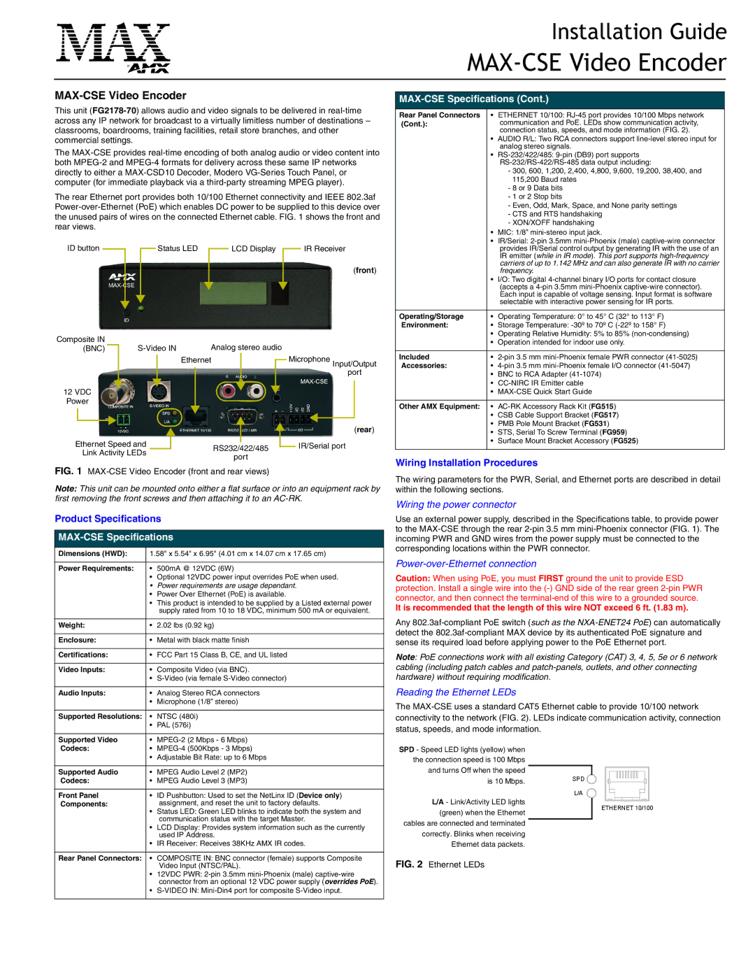 AMX MAX-CSE specifications Wiring the power connector, Power-over-Ethernet connection, Reading the Ethernet LEDs 