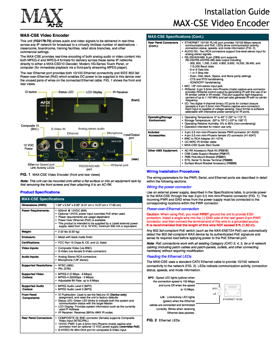 AMX specifications MAX-CSEVideo Encoder, MAX-CSESpecifications Cont, Wiring Installation Procedures, Installation Guide 