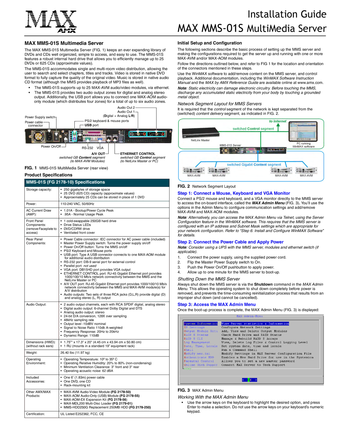 AMX MAX MMS-01S specifications Connect a Mouse, Keyboard and VGA Monitor, Connect the Power Cable and Apply Power 