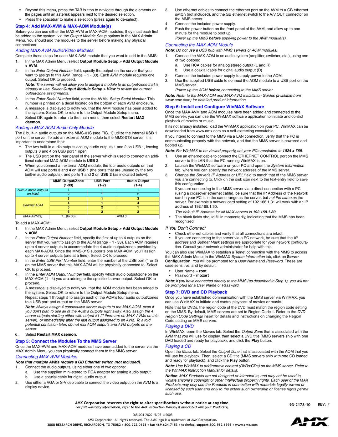 AMX MAX MMS-01S specifications Add MAX-AVM & MAX-AOM Modules, Connect the Modules To the MMS Server, DVD and CD Playback 