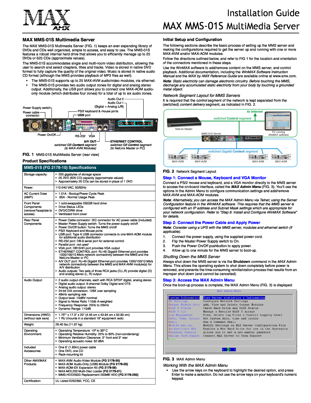 AMX MAX MMS-01S specifications Network Segment Layout for MMS Servers, Connect a Mouse, Keyboard and VGA Monitor 
