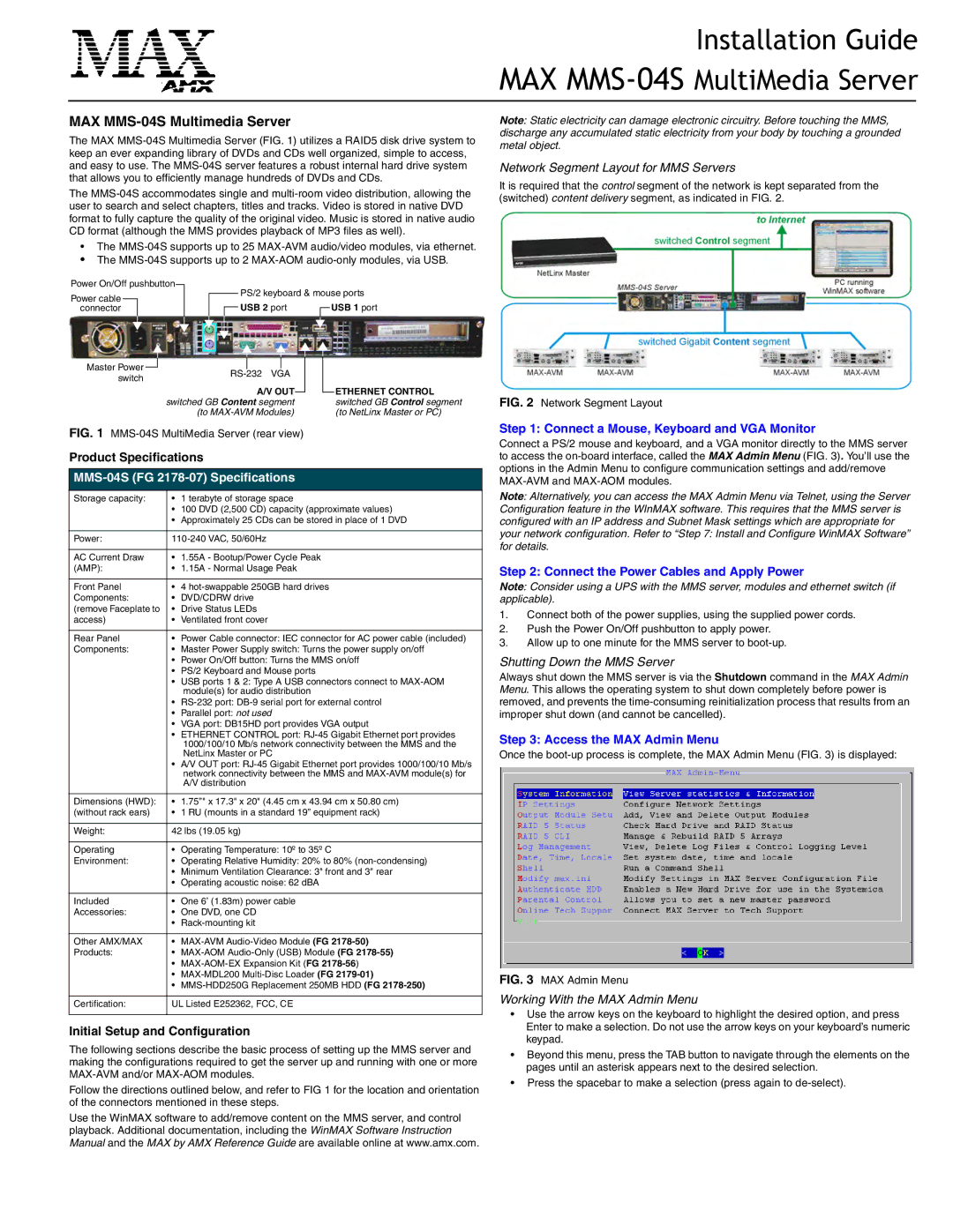 AMX MAX MMS-04S specifications Connect a Mouse, Keyboard and VGA Monitor, Connect the Power Cables and Apply Power 