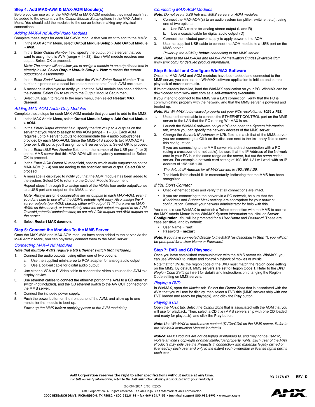 AMX MAX MMS-04S specifications Add MAX-AVM & MAX-AOM Modules, Connect the Modules To the MMS Server, DVD and CD Playback 