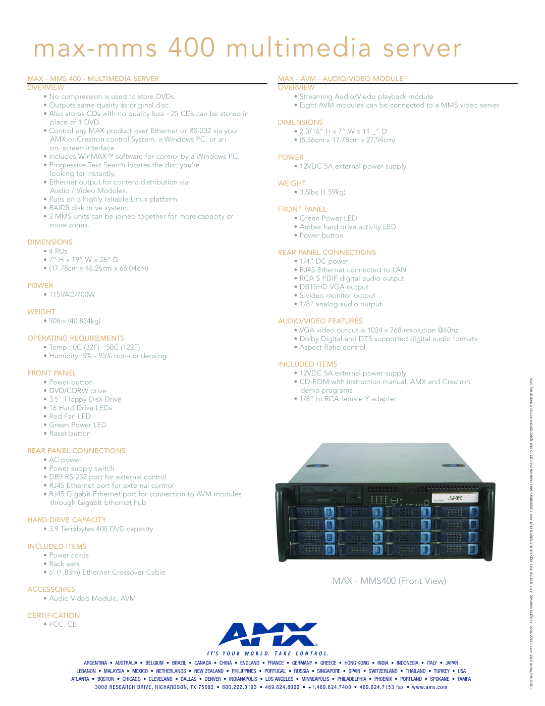 AMX MAX-MMS400 MAX MMS 400 Multimedia Server Overview, Dimensions, Power, Weight, Operating Requirements, Front Panel 