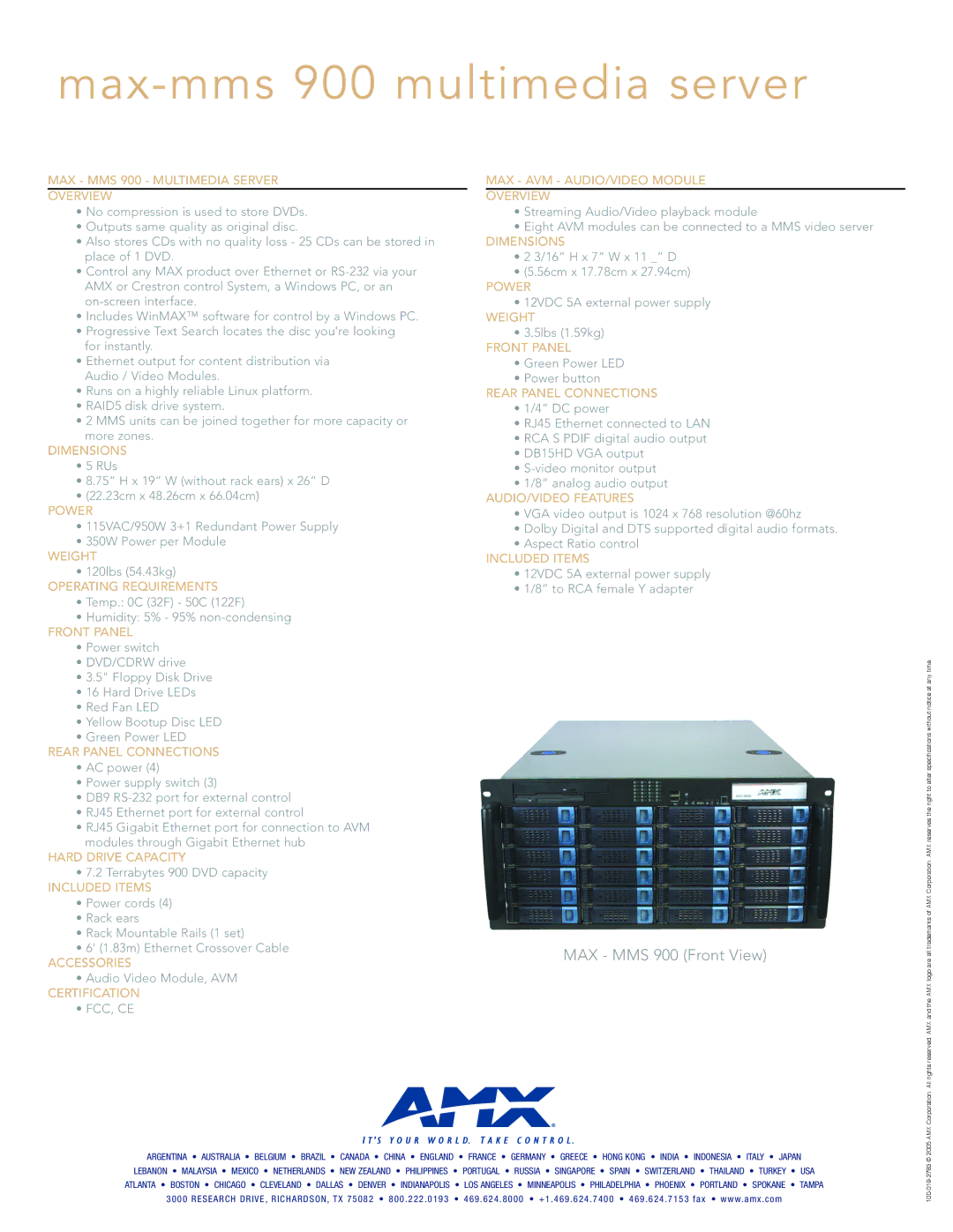 AMX max mss 900 MAX MMS 900 Multimedia Server Overview, Dimensions, Power, Weight, Operating Requirements, Front Panel 