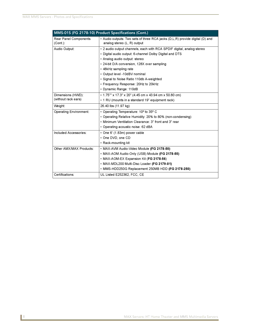 AMX MAX Servers manual MMS-01S FG 2178-10 Product Specifications 