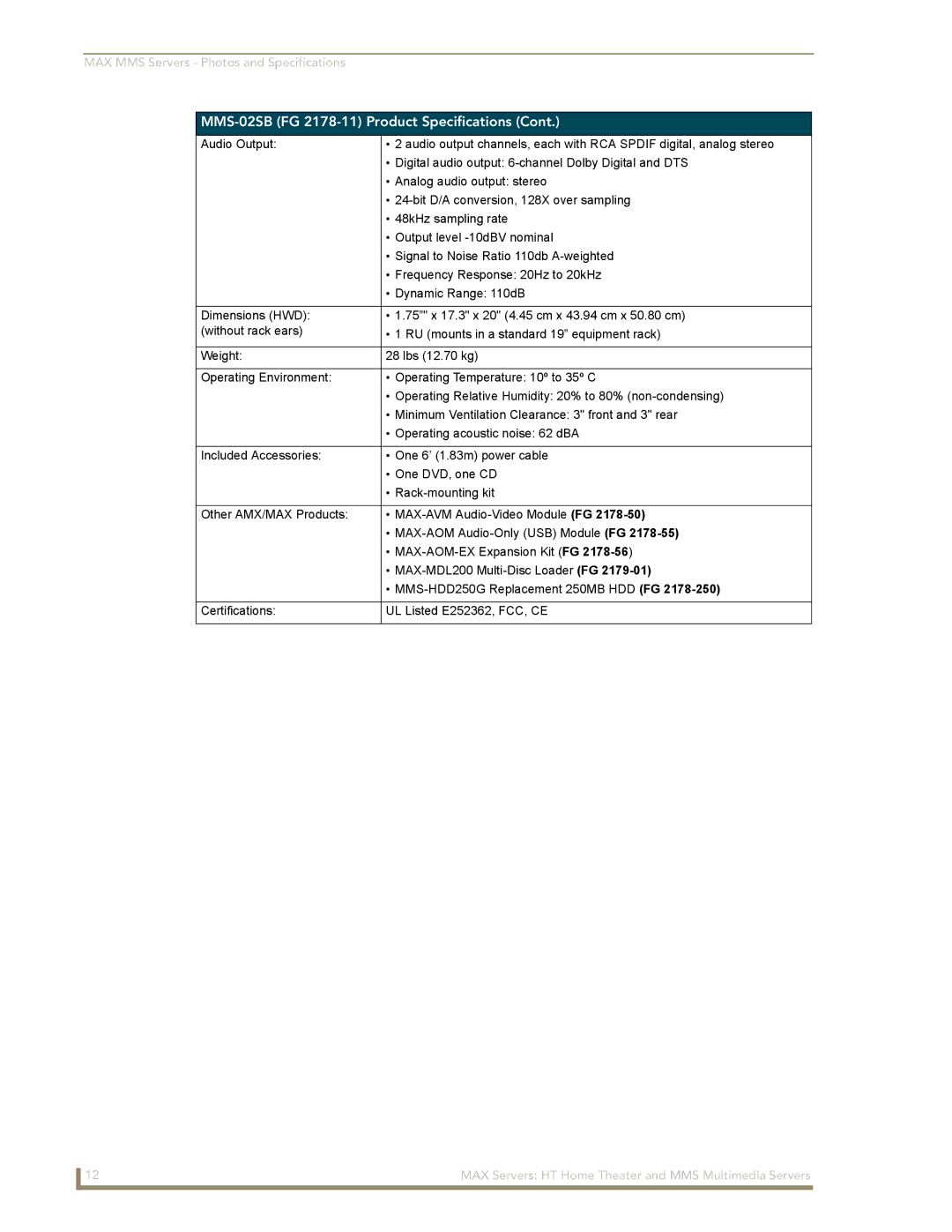 AMX MAX Servers manual MMS-02SB FG 2178-11 Product Specifications 