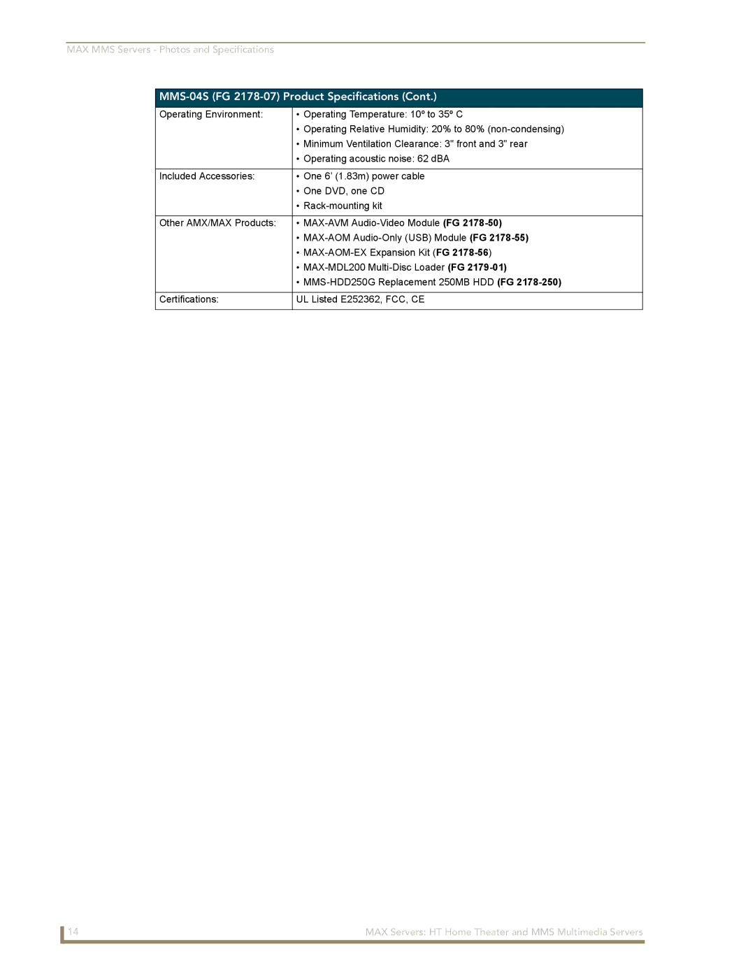 AMX MAX Servers manual MMS-04S FG 2178-07 Product Specifications 