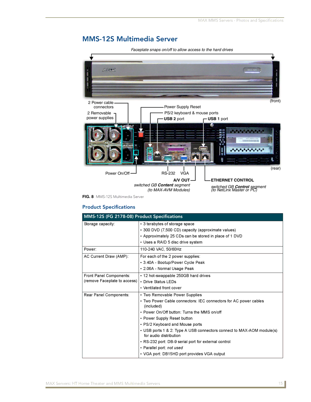 AMX MAX Servers manual MMS-12S Multimedia Server, MMS-12S FG 2178-08 Product Specifications 