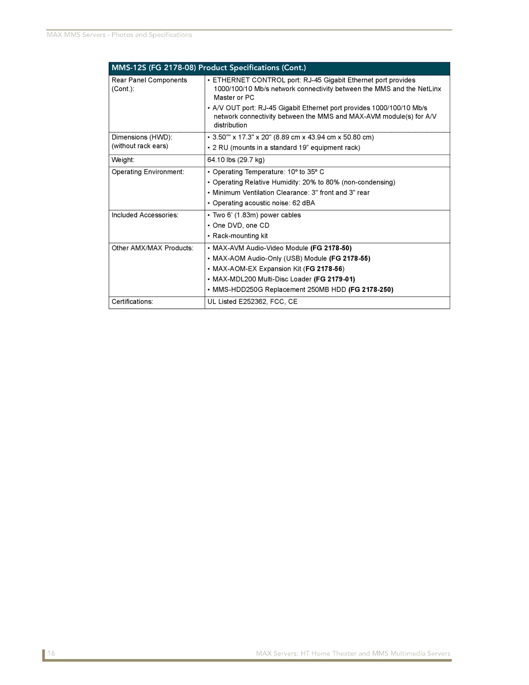 AMX MAX Servers manual MMS-12S FG 2178-08 Product Specifications 