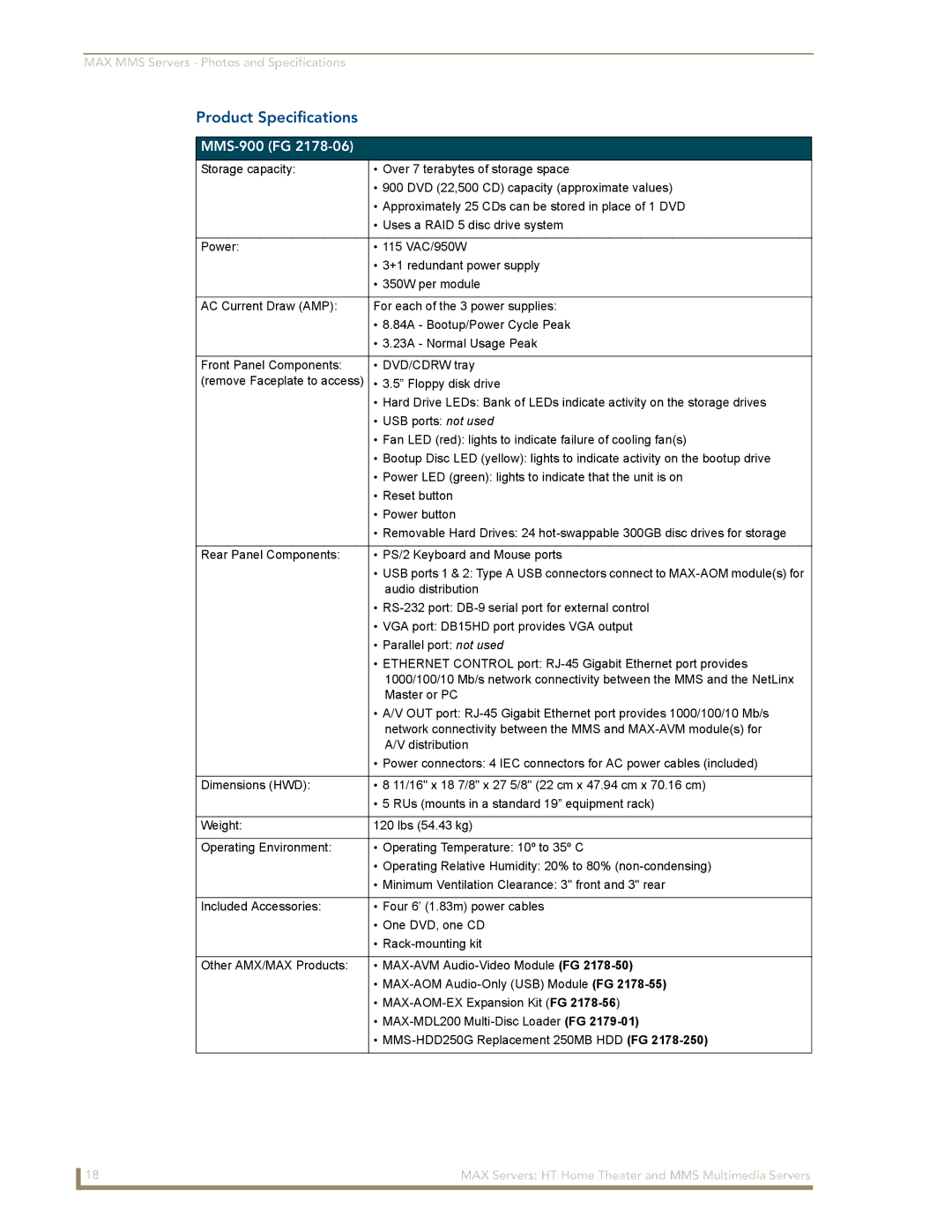 AMX MAX Servers manual Product Specifications, MMS-900 FG 