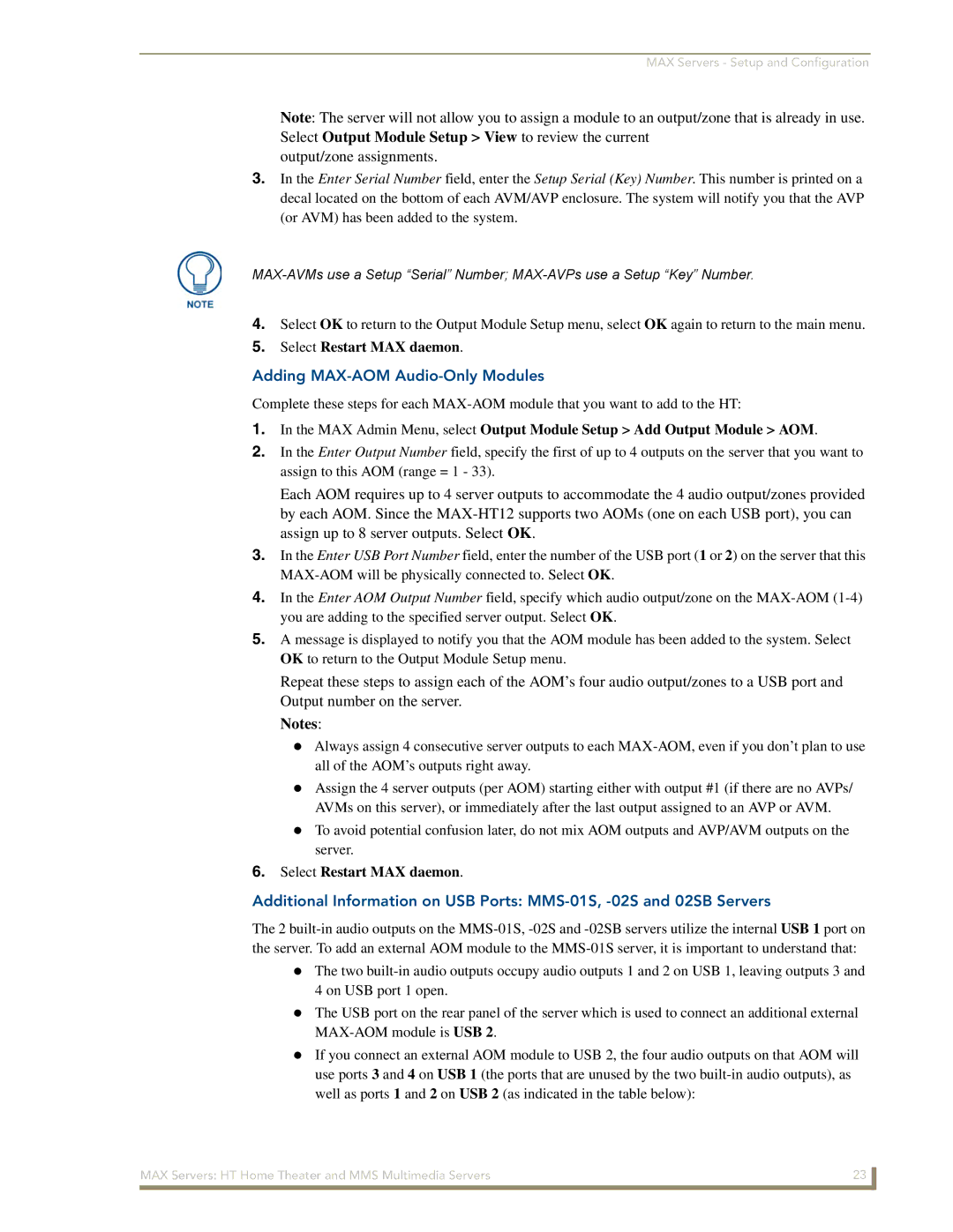 AMX MAX Servers manual Select Restart MAX daemon, Adding MAX-AOM Audio-Only Modules 