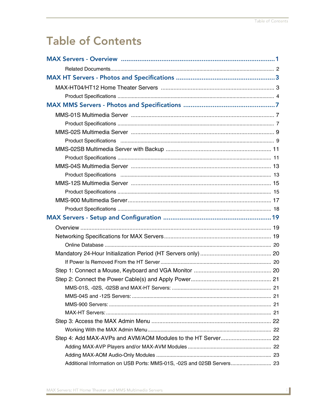 AMX MAX Servers manual Table of Contents 