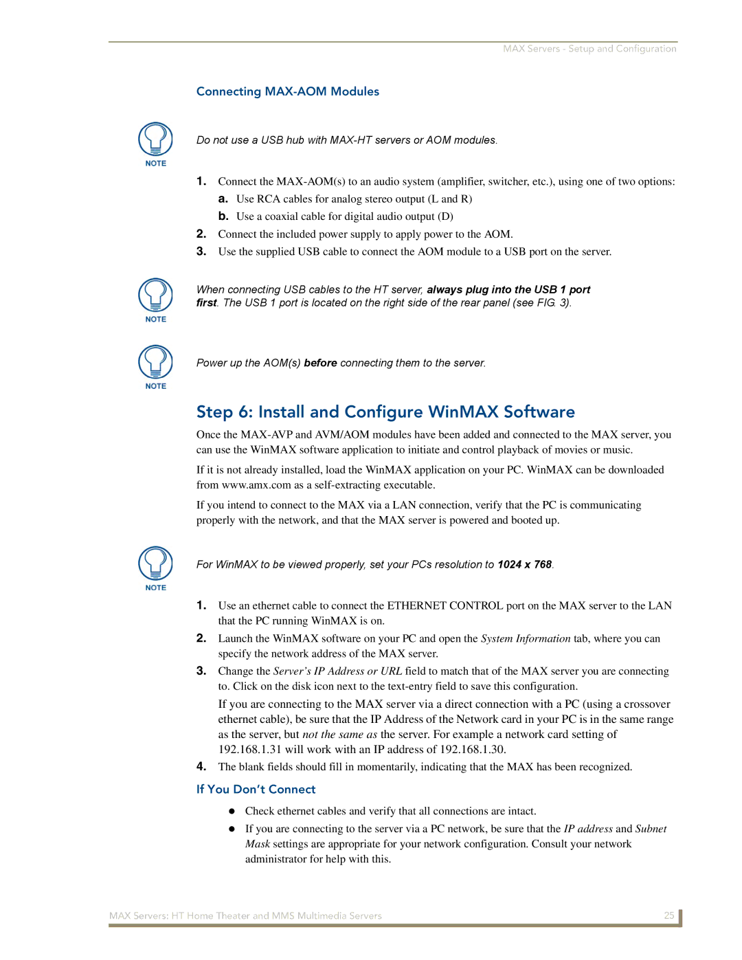 AMX MAX Servers manual Install and Configure WinMAX Software, Connecting MAX-AOM Modules, If You Don’t Connect 