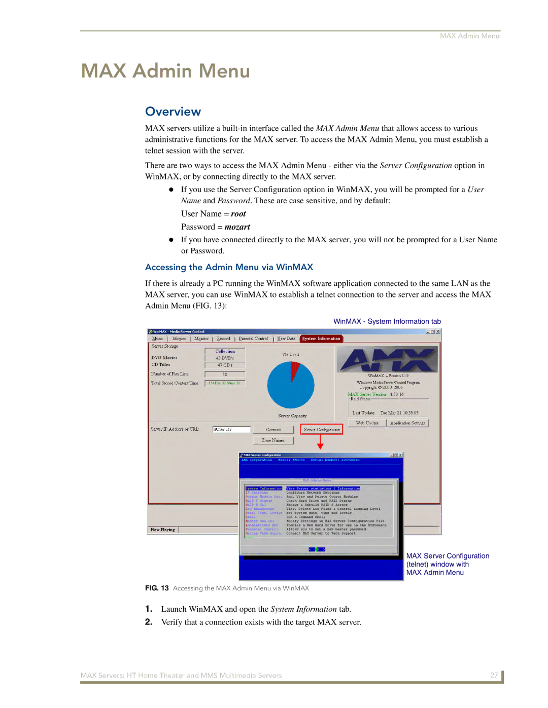 AMX MAX Servers manual MAX Admin Menu, Accessing the Admin Menu via WinMAX 