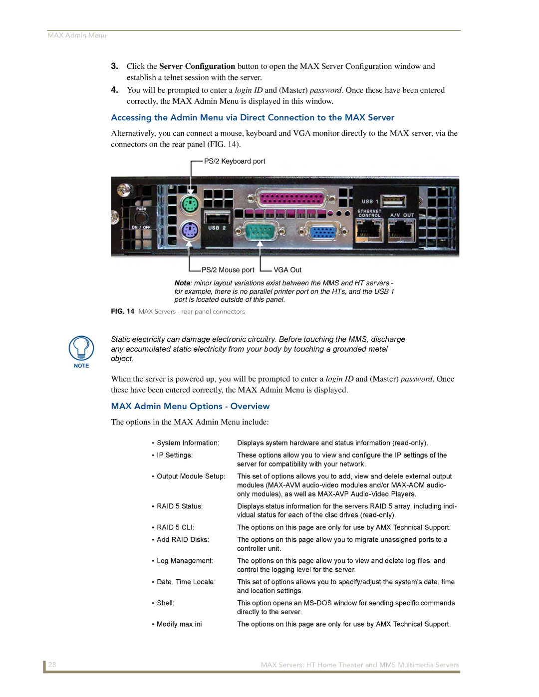 AMX MAX Servers manual MAX Admin Menu Options Overview, Options in the MAX Admin Menu include 