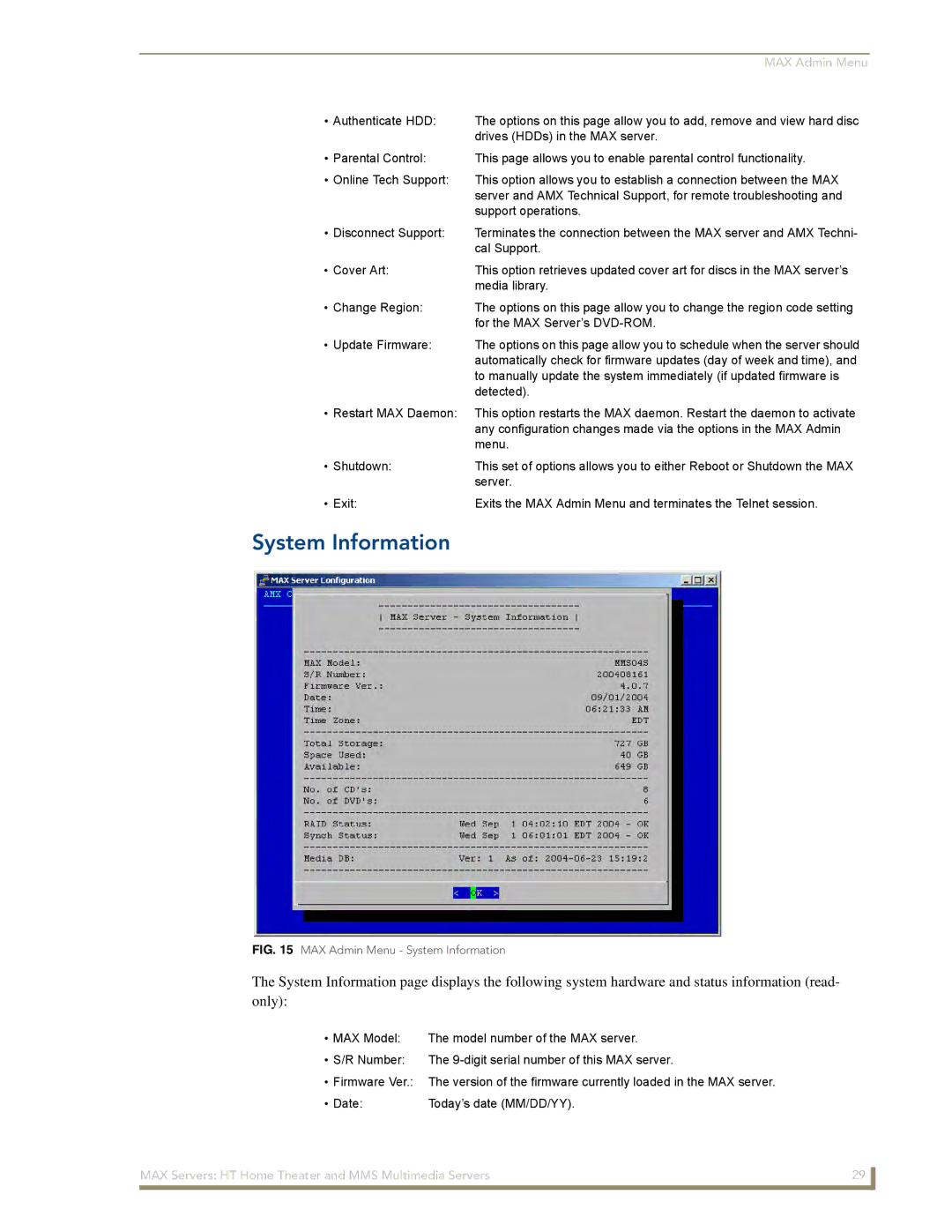 AMX MAX Servers manual MAX Admin Menu System Information 