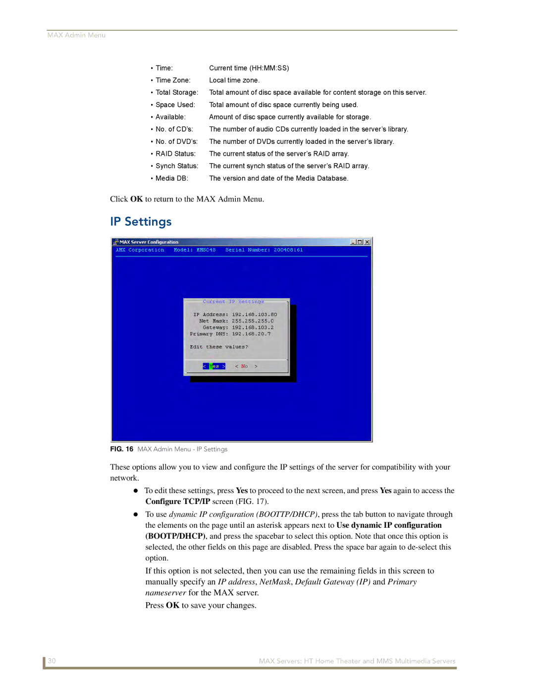 AMX MAX Servers manual MAX Admin Menu IP Settings 