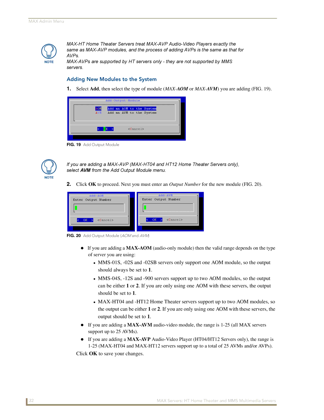 AMX MAX Servers manual Adding New Modules to the System, Add Output Module 