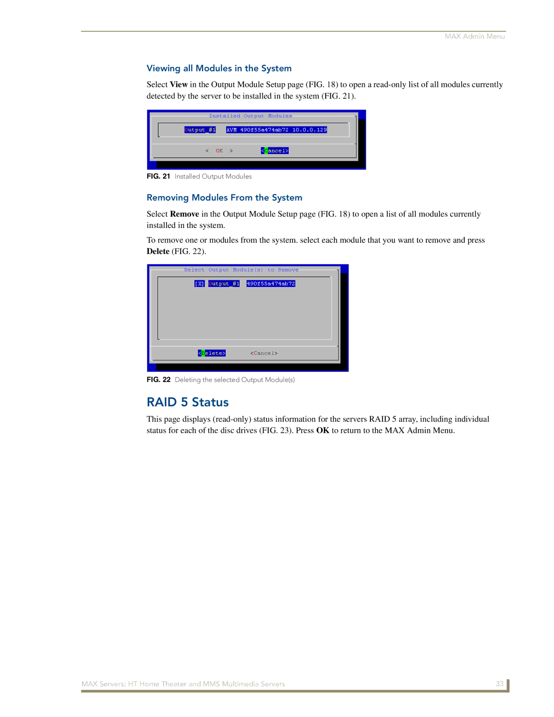 AMX MAX Servers manual RAID 5 Status, Viewing all Modules in the System, Removing Modules From the System 