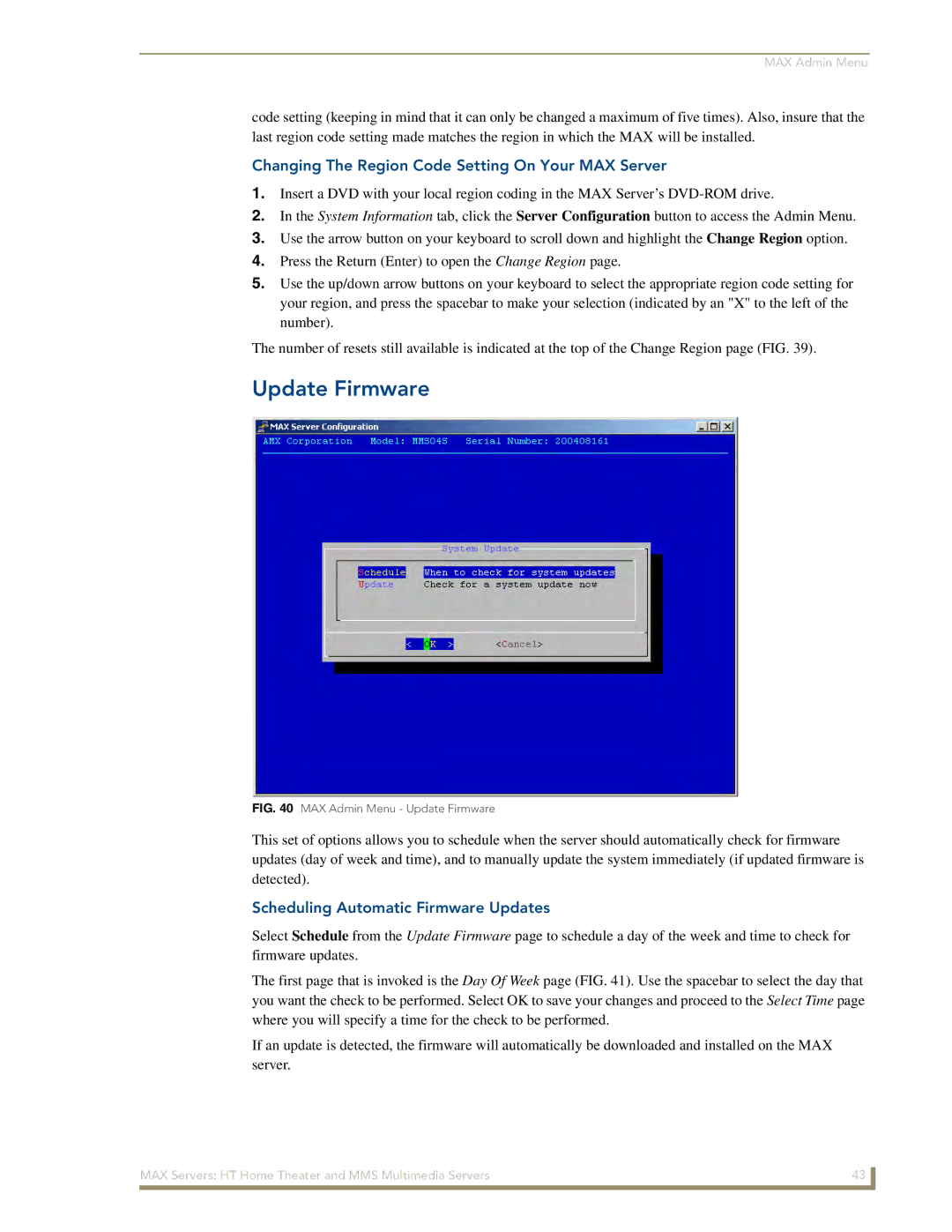 AMX MAX Servers manual Update Firmware, Changing The Region Code Setting On Your MAX Server 