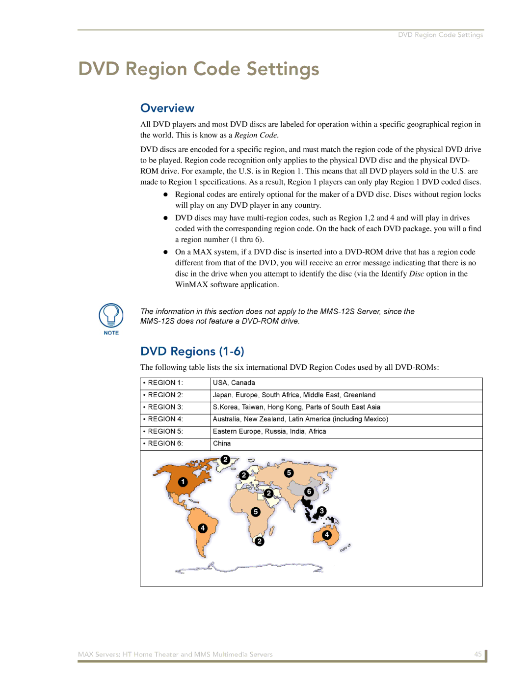 AMX MAX Servers manual DVD Region Code Settings, DVD Regions 