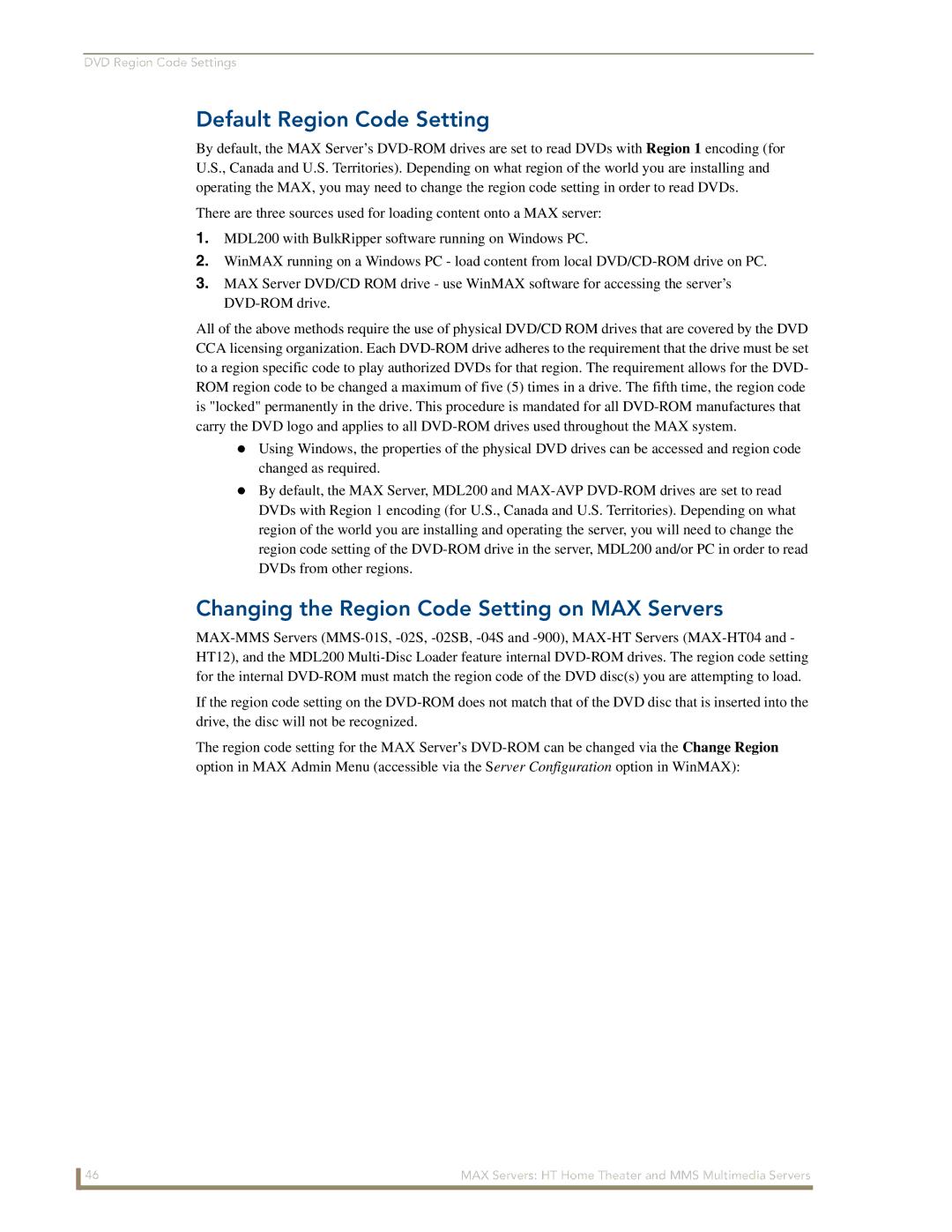 AMX manual Default Region Code Setting, Changing the Region Code Setting on MAX Servers 