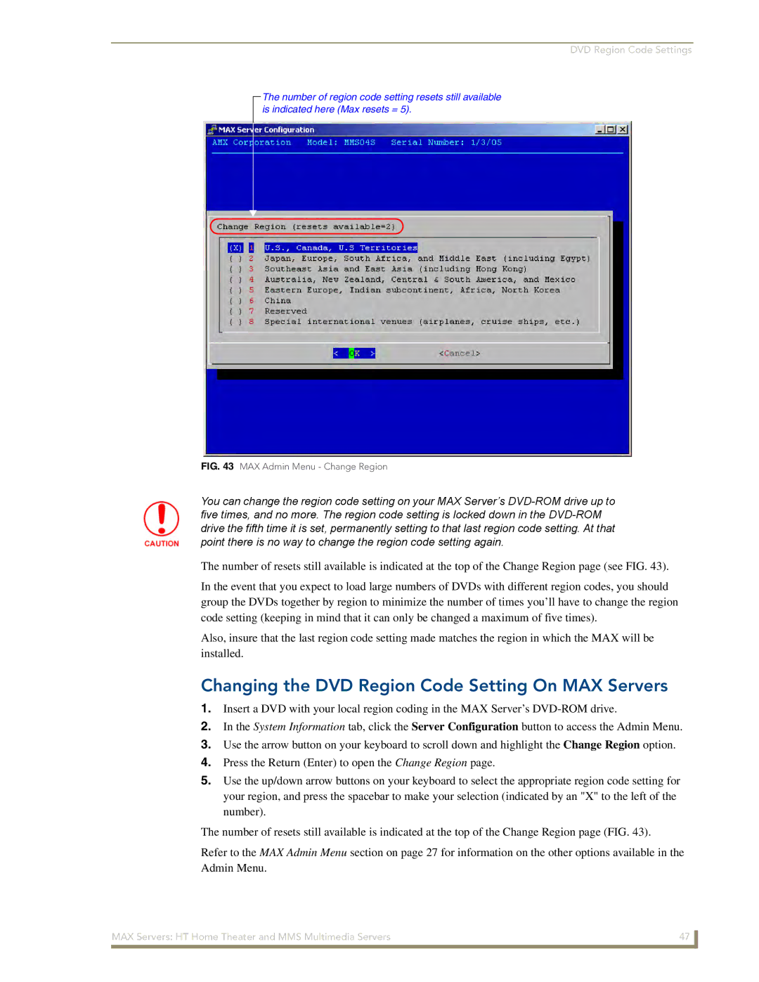 AMX manual Changing the DVD Region Code Setting On MAX Servers, MAX Admin Menu Change Region 