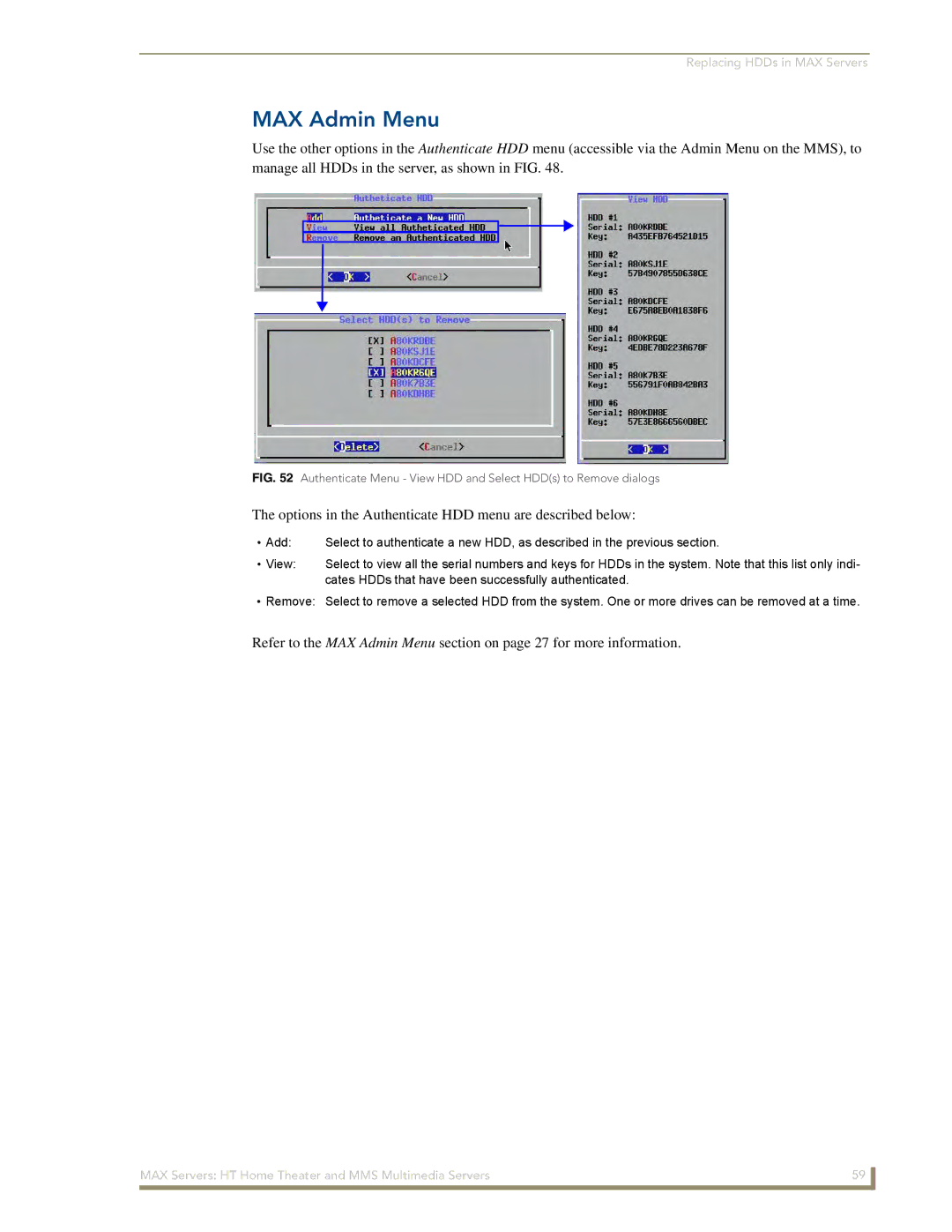 AMX MAX Servers manual MAX Admin Menu, Options in the Authenticate HDD menu are described below 